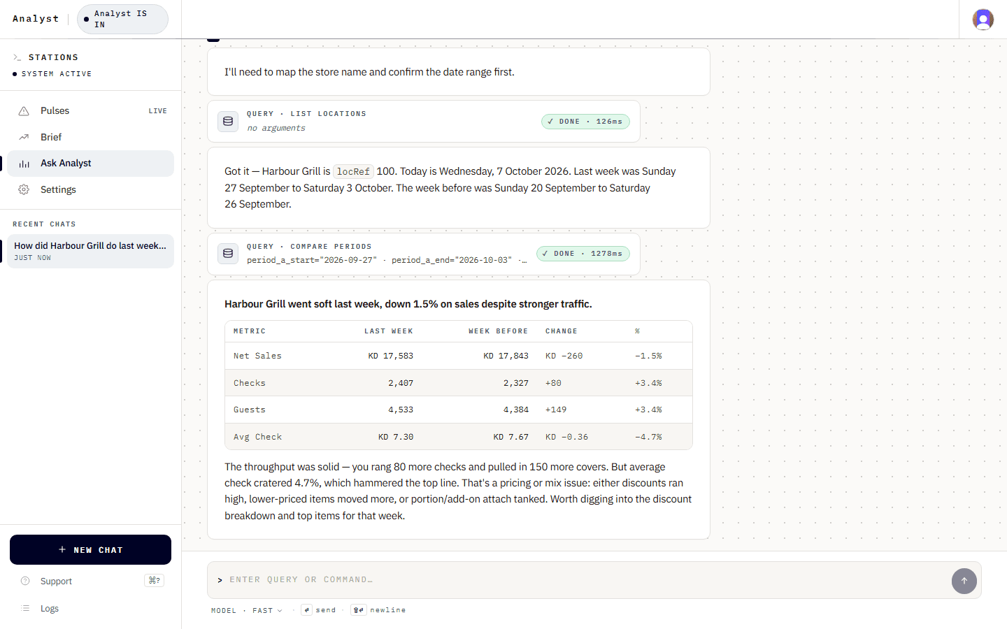 The analyst answering a week-on-week sales question with a comparison table