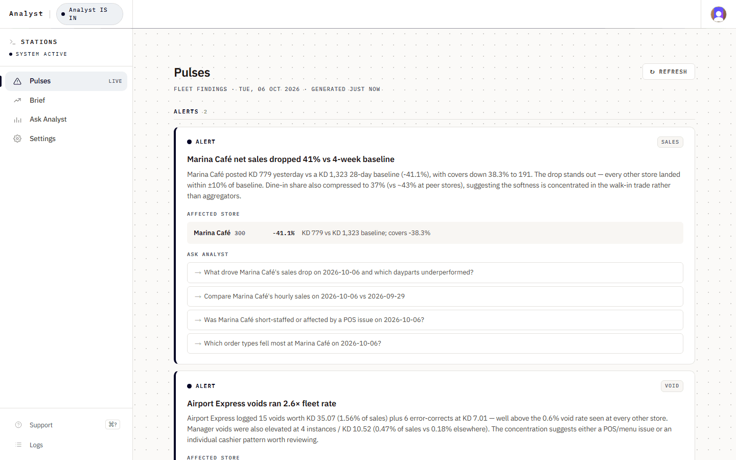 Pulses page listing daily AI findings by severity