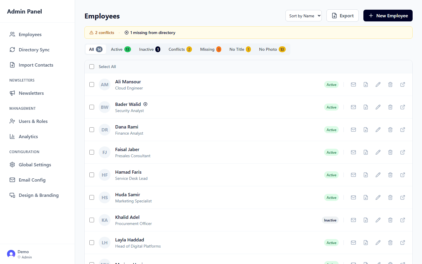 Admin employee directory with data-quality filters, on demo data