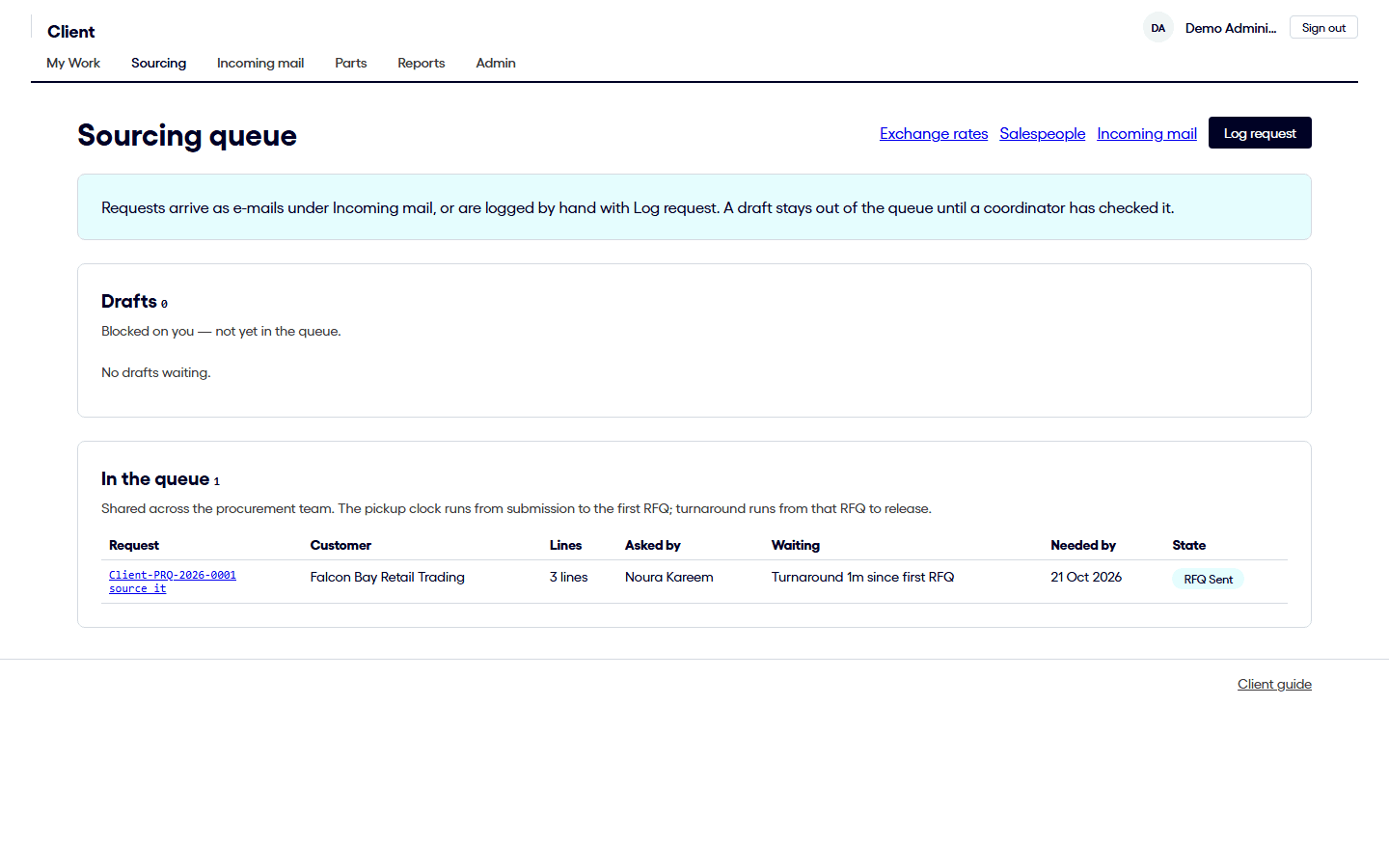 Sourcing queue listing open pricing requests and their status