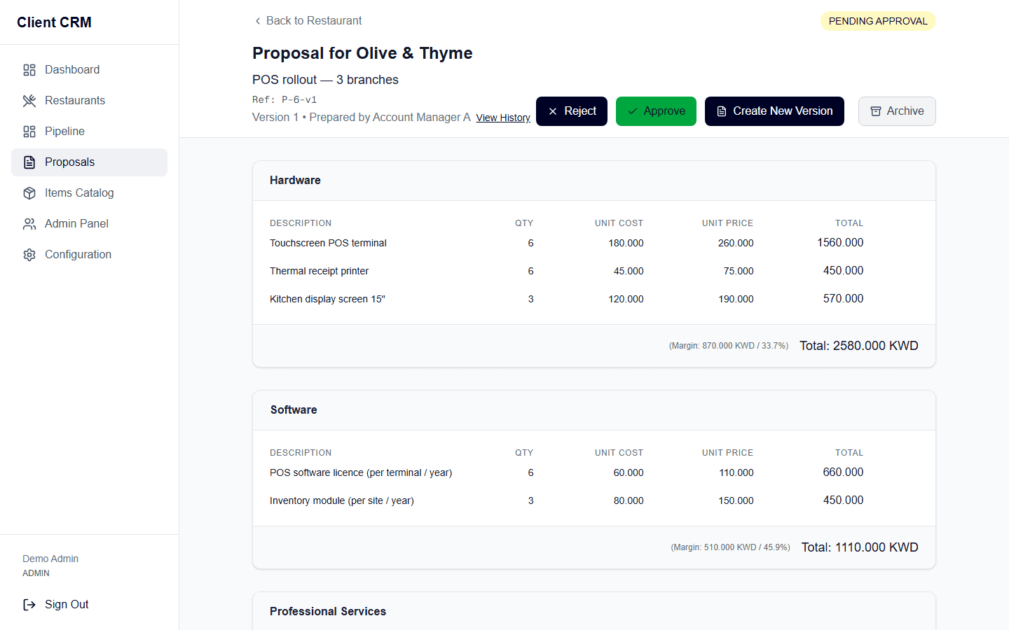 Proposal builder with hardware, software and service lines and live margin, pending approval, on demo data