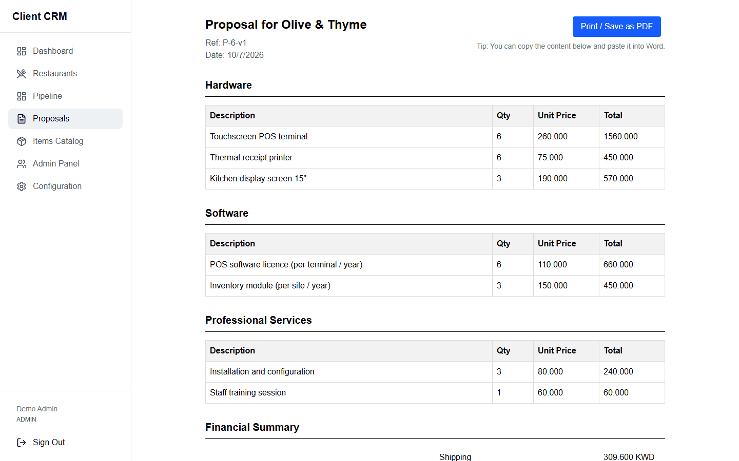Customer-facing printable proposal without internal cost or margin