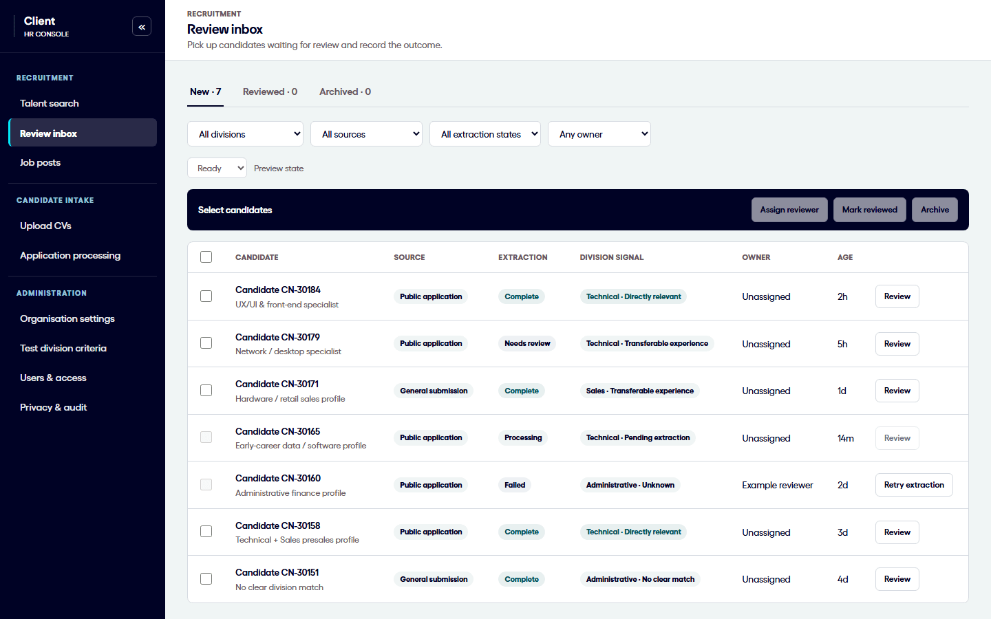 HR review inbox listing candidates with their recommended divisions