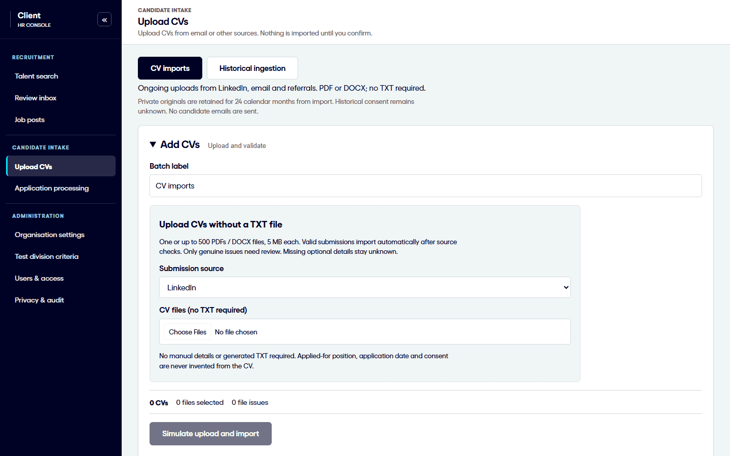 Bulk CV upload screen in the HR console